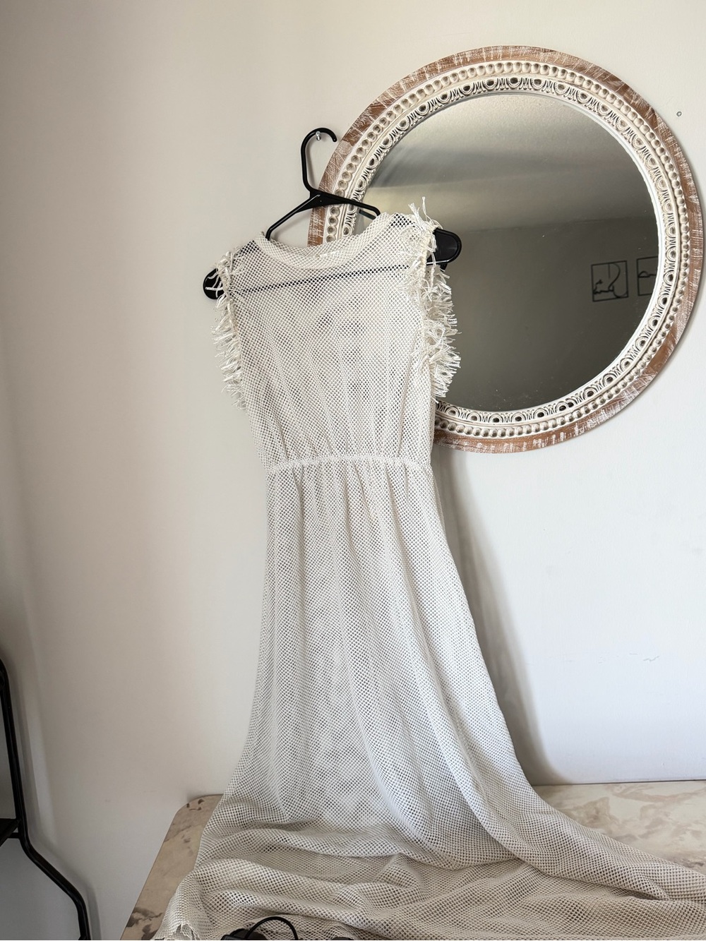 Girls Cream Fringe Sleeve Mesh Dress